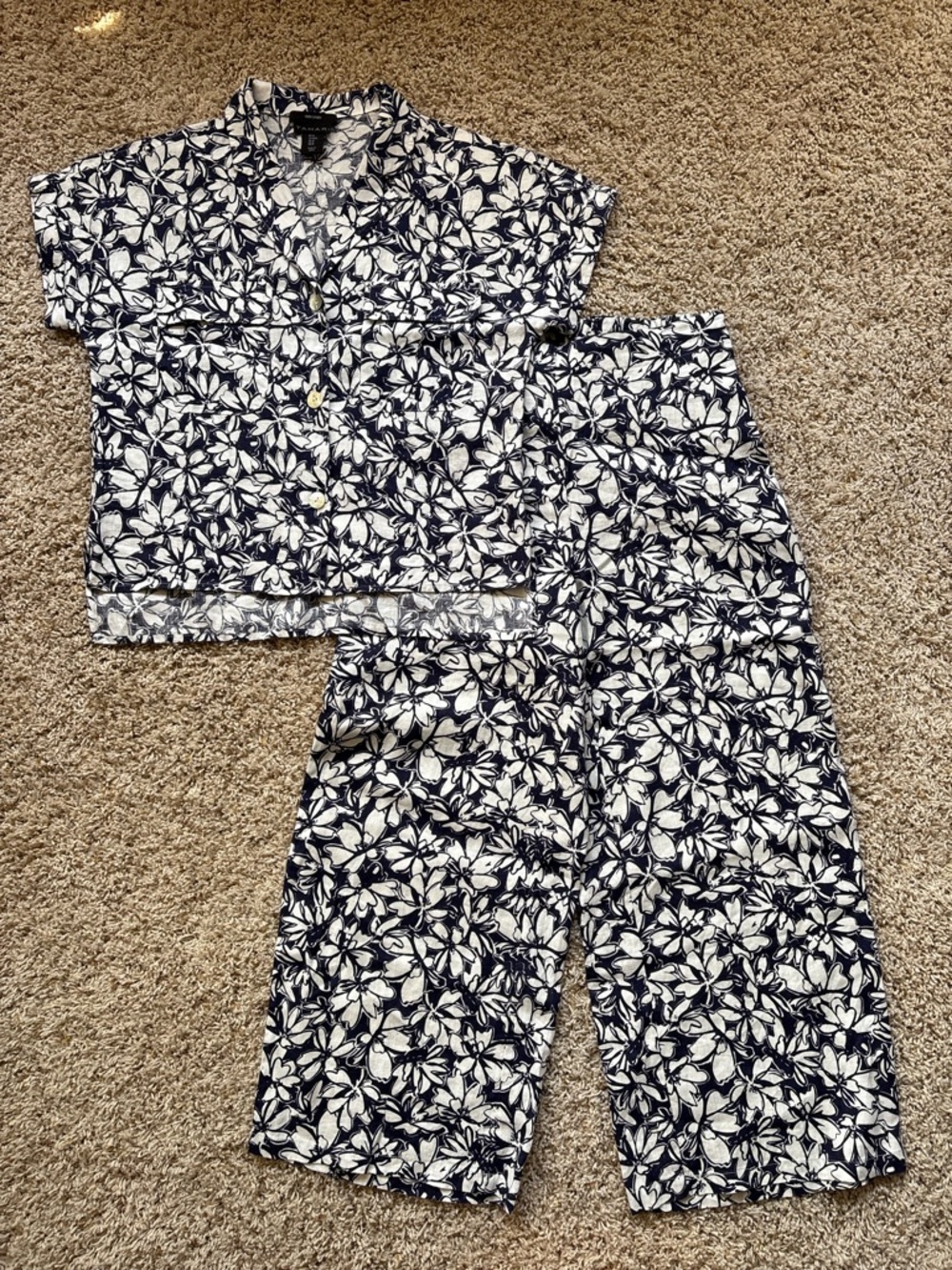 Tahari Lounge Set 100% Linen Sz M Navy White Floral NWOT